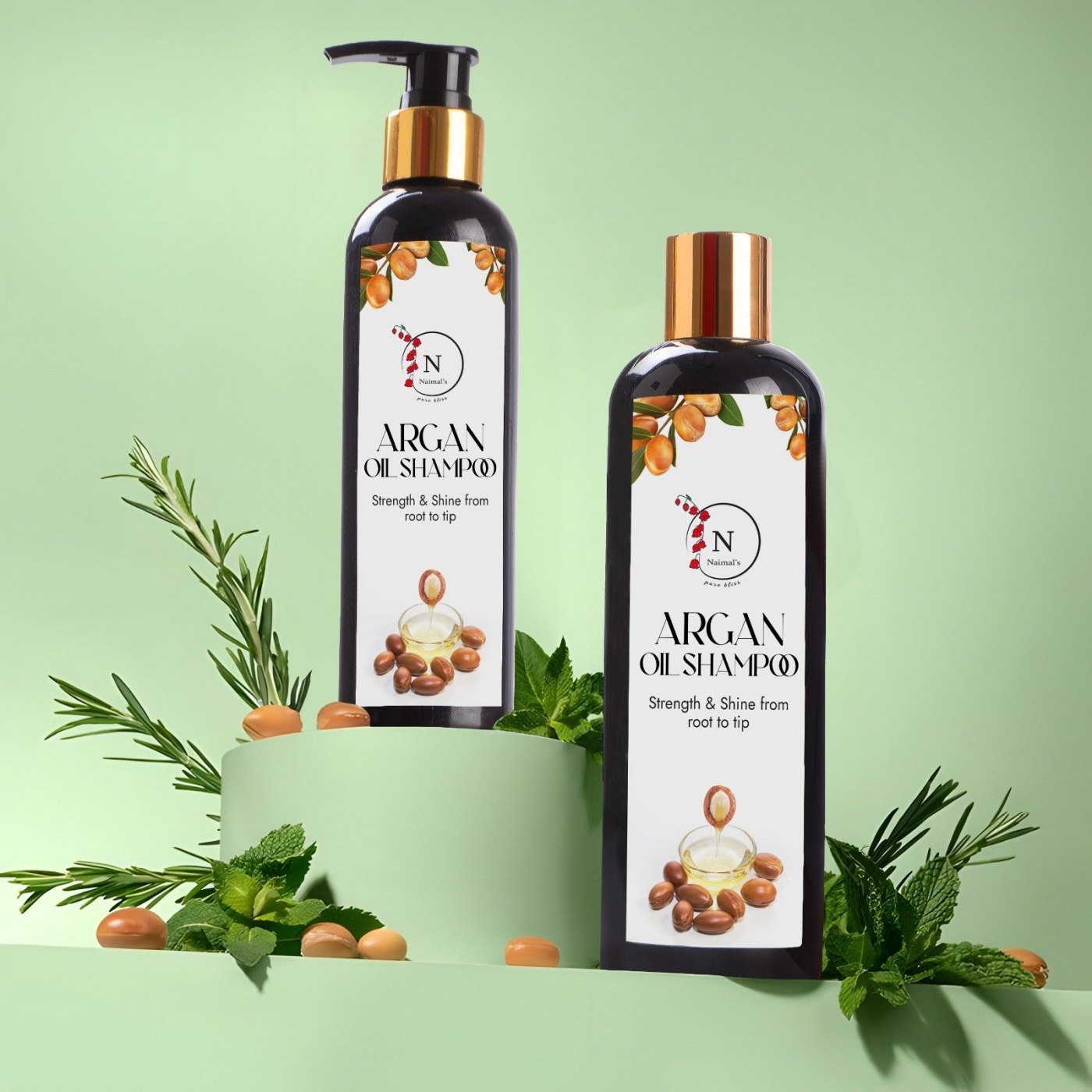 Two bottles of Naimals Argan Oil Shampoo with argan nuts and fresh herbs