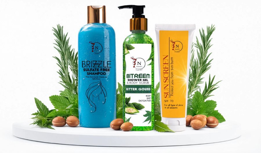 Naimals Brizzle, Bitreem and Sun Screen on a podium with fresh herbs and argan nuts